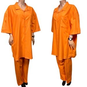 St Patrick Linen Leisure Suit Orange Two Piece Shirt & Pants Size 2 XL